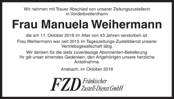 Traueranzeige von Manuela Weihermann von Dinkelsbühl/ Feuchtwangen