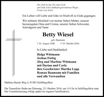 Traueranzeige von Betty Wiesel von Rothenburg