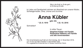 Traueranzeige von Anna Kübler von Dinkelsbühl/ Feuchtwangen