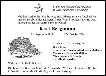 Traueranzeige von Karl Bergmann von Rothenburg