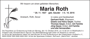 Traueranzeige von Maria Roth von Ansbach