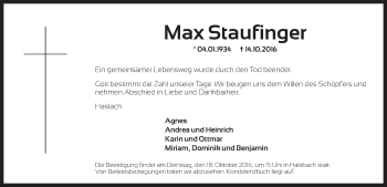 Traueranzeige von Max Staufinger von Dinkelsbühl/ Feuchtwangen