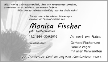 Traueranzeige von Monica Fischer von Neustadt/ Scheinfeld/ Uffenheim