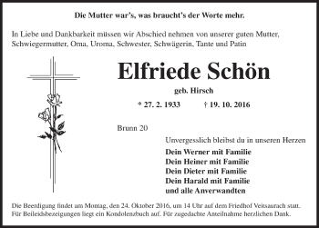 Traueranzeige von Elfriede Schön von Ansbach