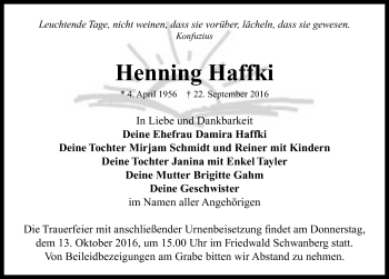 Traueranzeige von Henning Haffki von Neustadt/ Scheinfeld/ Uffenheim