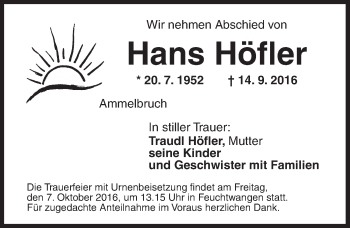 Traueranzeige von Hans Höfler von Dinkelsbühl/ Feuchtwangen