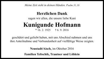 Traueranzeige von Kunigunde Hofmann von Neustadt/ Scheinfeld/ Uffenheim