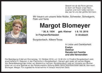 Traueranzeige von Margot Blomeyer von Ansbach