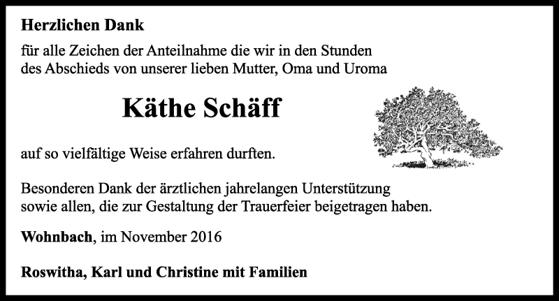  Traueranzeige für Käthe Schäff vom 12.11.2016 aus Rothenburg