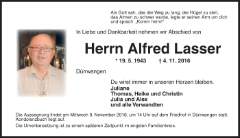 Traueranzeige von Alfred Lasser von Dinkelsbühl/ Feuchtwangen