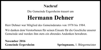 Traueranzeige von Hermann Dehner von Neustadt/ Scheinfeld/ Uffenheim