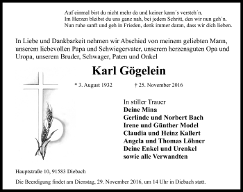 Traueranzeige von Karl Gögelein von Rothenburg