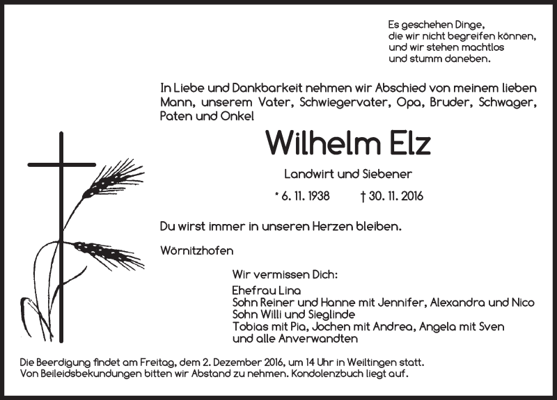  Traueranzeige für Wilhelm Elz vom 01.12.2016 aus Dinkelsbühl/ Feuchtwangen