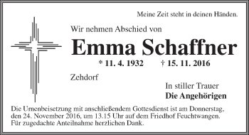 Traueranzeige von Emma Schaffner von Dinkelsbühl/ Feuchtwangen