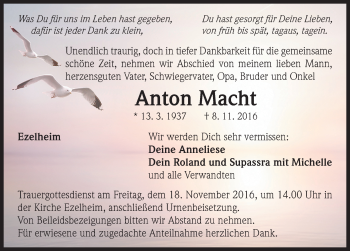 Traueranzeige von Anton Macht von Neustadt/ Scheinfeld/ Uffenheim