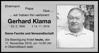 Traueranzeige von Gerhard Klama von Neustadt/ Scheinfeld/ Uffenheim