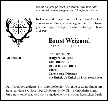 Traueranzeige von Ernst Weigand von Neustadt/ Scheinfeld/ Uffenheim