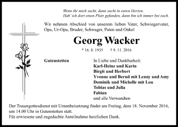 Traueranzeige von Georg Wacker von Neustadt/ Scheinfeld/ Uffenheim