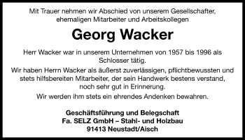 Traueranzeige von Georg Wacker von Neustadt/ Scheinfeld/ Uffenheim