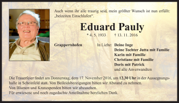 Traueranzeige von Eduard Pauly von Neustadt/ Scheinfeld/ Uffenheim