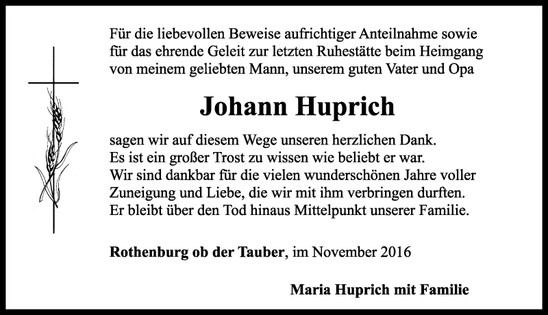  Traueranzeige für Johann Huprich vom 12.11.2016 aus Rothenburg