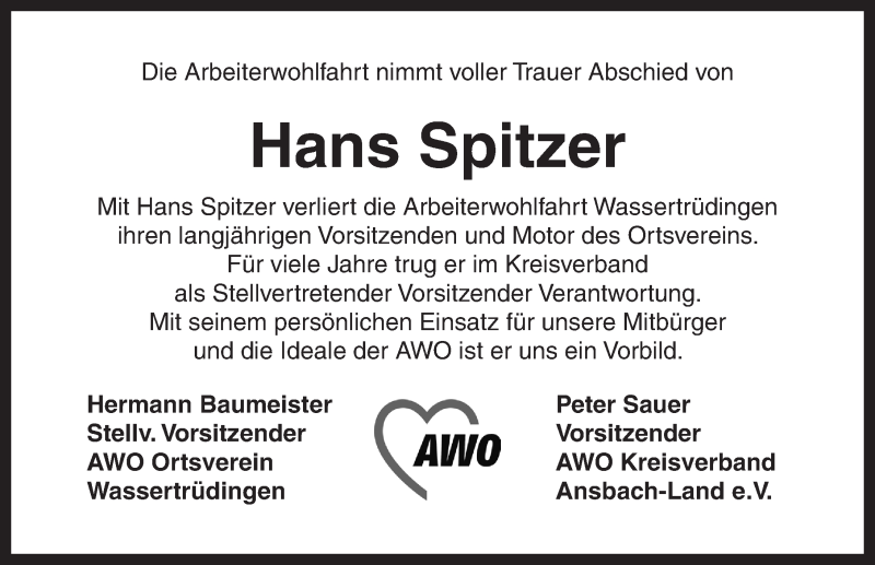  Traueranzeige für Hans Spitzer vom 10.11.2016 aus Dinkelsbühl/ Feuchtwangen