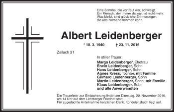 Traueranzeige von Albert Leidenberger von Ansbach