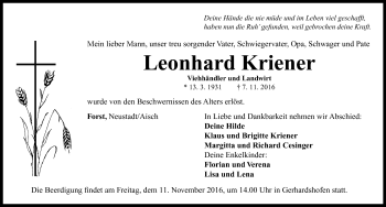 Traueranzeige von Leonhard Kriener von Neustadt/ Scheinfeld/ Uffenheim