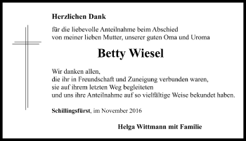 Traueranzeige von Betty Wiesel von Rothenburg