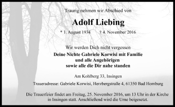 Traueranzeige von Adolf Liebing von Rothenburg