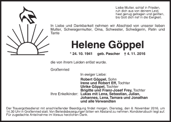 Traueranzeige von Helene Göppel von Dinkelsbühl/ Feuchtwangen