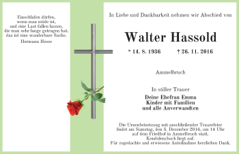 Traueranzeige von Walter Hassold von Dinkelsbühl/ Feuchtwangen