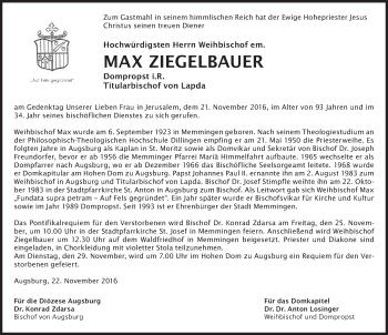 Traueranzeige von Max Ziegelbauer von Dinkelsbühl/ Feuchtwangen