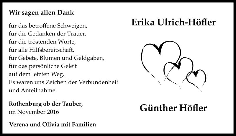  Traueranzeige für Erika Ulrich-Höfler vom 12.11.2016 aus Rothenburg