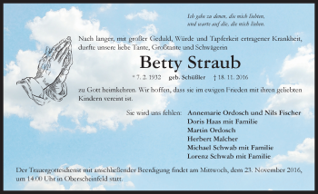 Traueranzeige von Betty Straub von Neustadt/ Scheinfeld/ Uffenheim