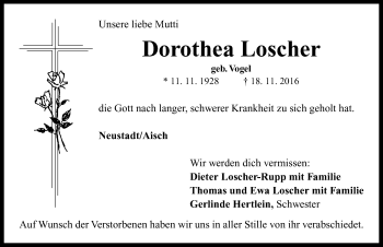 Traueranzeige von Dorothea Loscher von Neustadt/ Scheinfeld/ Uffenheim