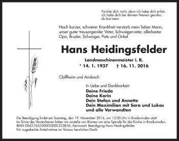 Traueranzeige von Hans Heidingsfelder von Ansbach