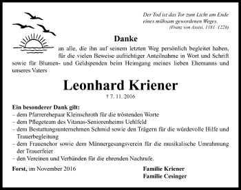 Traueranzeige von Leonhard Kriener von Neustadt/ Scheinfeld/ Uffenheim