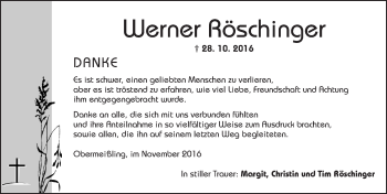 Traueranzeige von Werner Röschinger von Dinkelsbühl/ Feuchtwangen