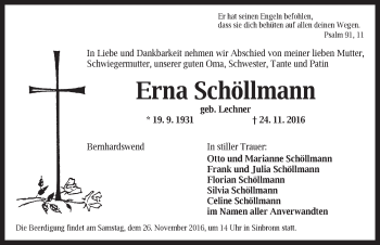 Traueranzeige von Erna Schöllmann von Dinkelsbühl/ Feuchtwangen