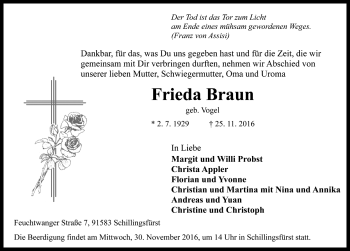 Traueranzeige von Frieda Braun von Rothenburg