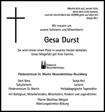 Traueranzeige von Gesa Durst von Rothenburg