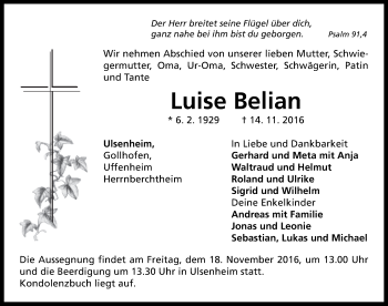 Traueranzeige von Luise Belian von Neustadt/ Scheinfeld/ Uffenheim