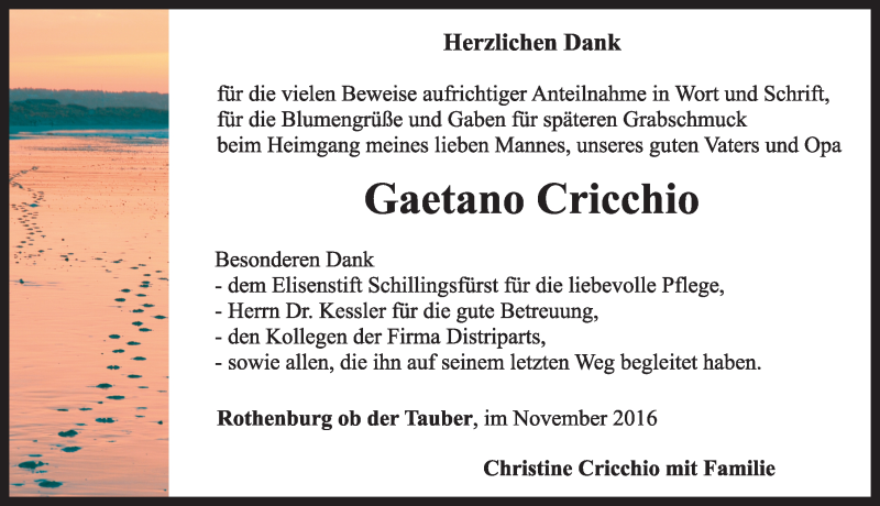  Traueranzeige für Gaetano Cricchio vom 12.11.2016 aus Rothenburg