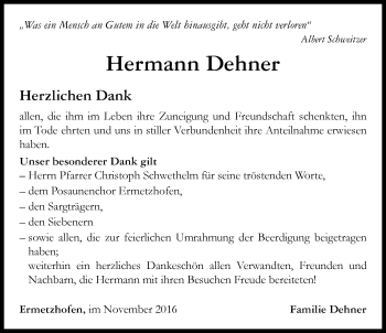 Traueranzeige von Hermann Dehner von Neustadt/ Scheinfeld/ Uffenheim