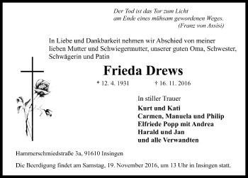 Traueranzeige von Frieda Drews von Rothenburg