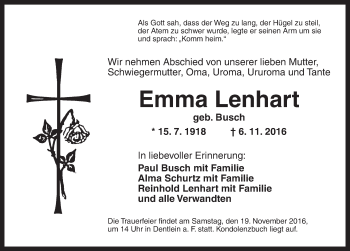 Traueranzeige von Emma Lenhart von Dinkelsbühl/ Feuchtwangen