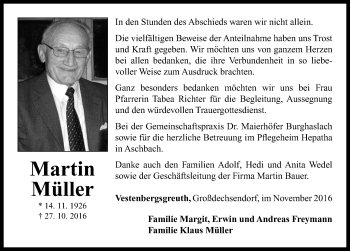 Traueranzeige von Martin Müller von Neustadt/ Scheinfeld/ Uffenheim