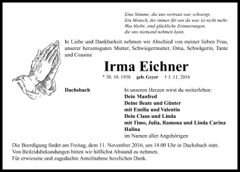 Traueranzeige von Irma Eichner von Neustadt/ Scheinfeld/ Uffenheim