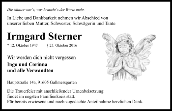 Traueranzeige von Irmgard Sterner von Rothenburg